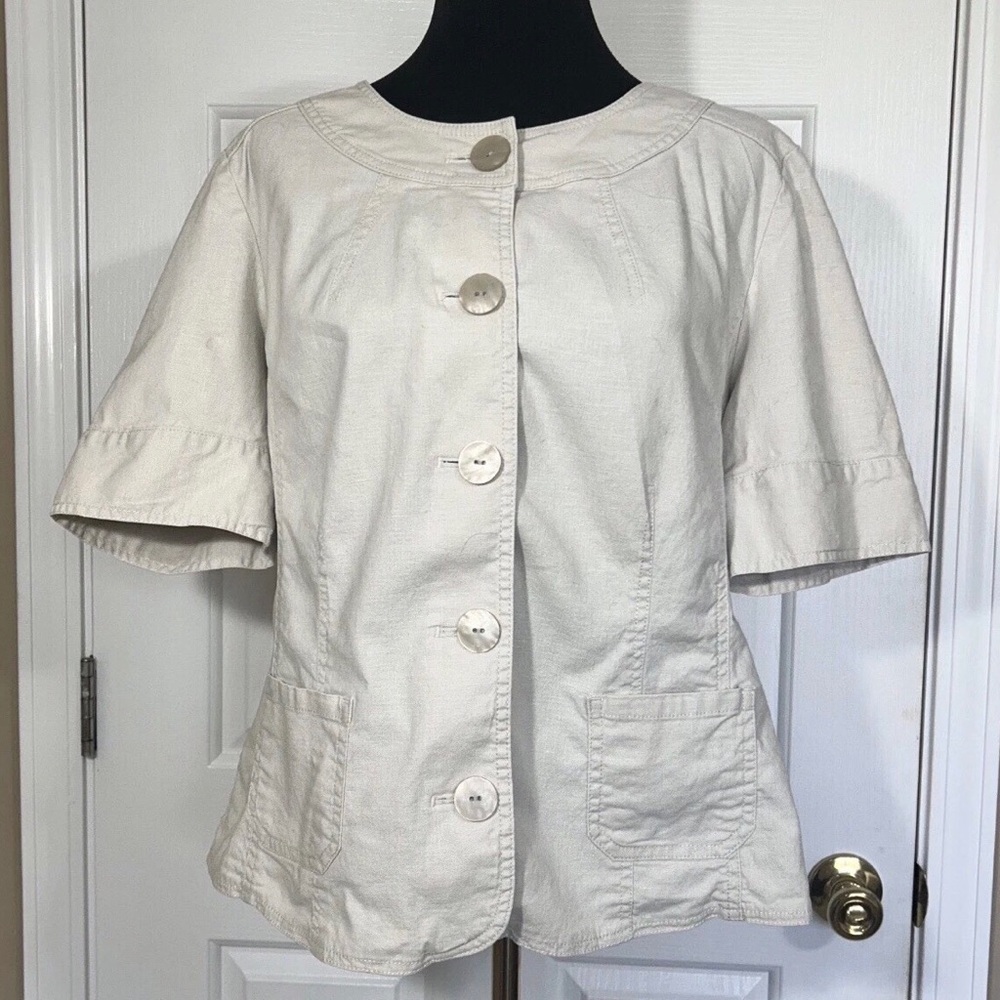 J. Jill Tan Linen Blend Short Sleeve Button Up Jacket Blazer Women's Size 14
